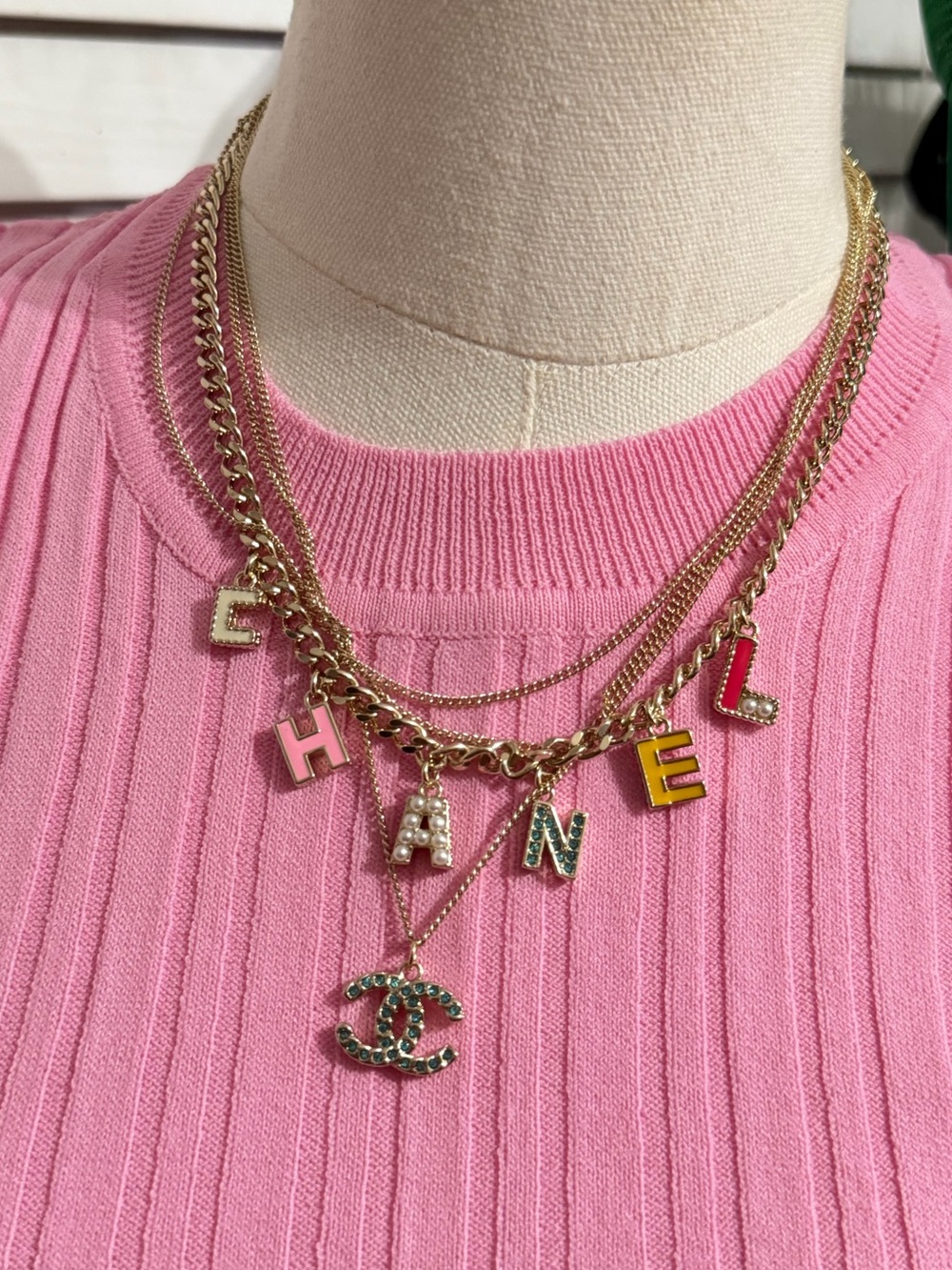 Gold-Tone Layered Necklace with Multi-Color Letter Accents